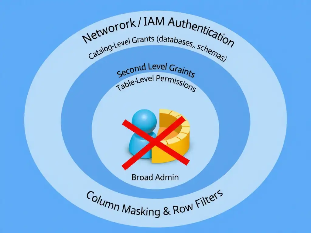 Clean technical infographic for IBM C9007300 certification illustrating: Apply access control, metadata, lineage, and policy controls so lakehouse data r. Show a labeled diagram with IBM watsonx.data branding on a dark navy background, with clear component boxes, directional arrows showing data or control flow, and a color-coded legend distinguishing correct vs. incorrect architectural patterns. Style: professional, IBM design language, suitable for exam study material.