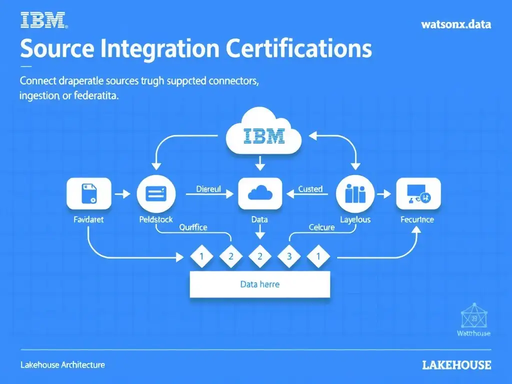 Clean technical infographic for IBM C9007300 certification illustrating: Connect disparate sources through supported connectors, ingestion, or federation. Show a labeled diagram with IBM watsonx.data branding on a dark navy background, with clear component boxes, directional arrows showing data or control flow, and a color-coded legend distinguishing correct vs. incorrect architectural patterns. Style: professional, IBM design language, suitable for exam study material.