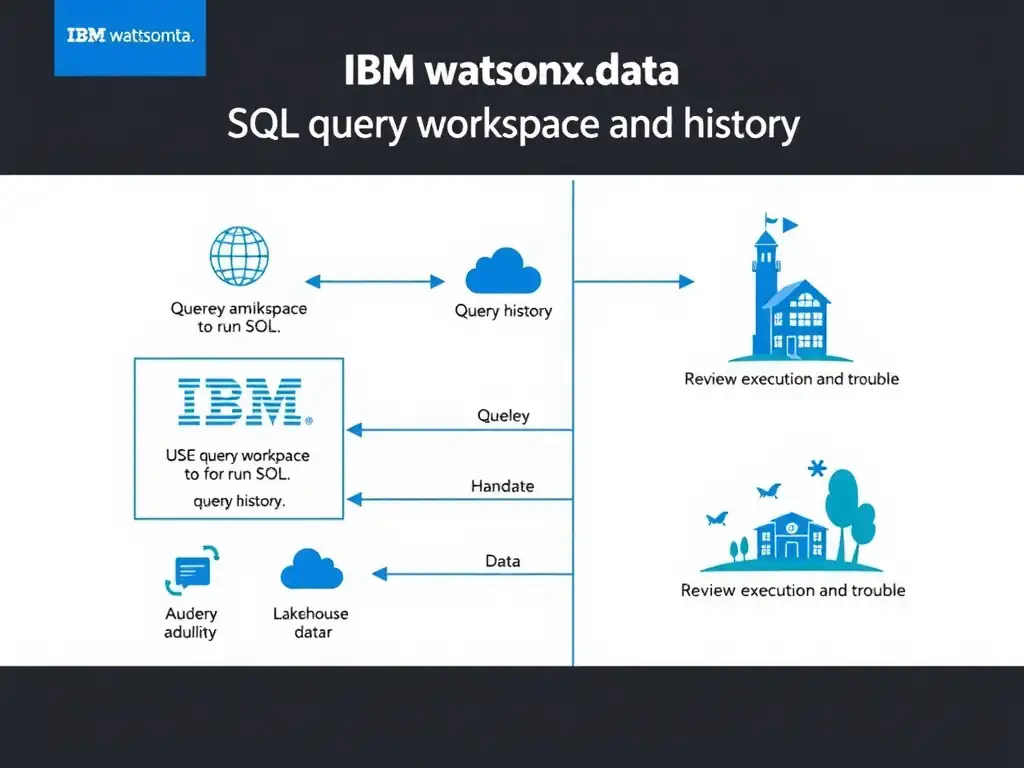 Clean technical infographic for IBM C9007300 certification illustrating: Use query workspace to run SQL and query history to review execution and trouble. Show a labeled diagram with IBM watsonx.data branding on a dark navy background, with clear component boxes, directional arrows showing data or control flow, and a color-coded legend distinguishing correct vs. incorrect architectural patterns. Style: professional, IBM design language, suitable for exam study material.