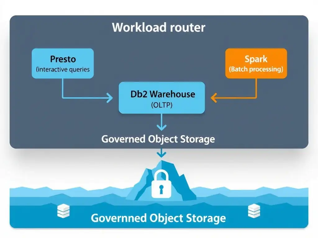 Clean technical infographic for IBM C9007300 certification illustrating: Select the right engine for the workload while sharing governed data through the. Show a labeled diagram with IBM watsonx.data branding on a dark navy background, with clear component boxes, directional arrows showing data or control flow, and a color-coded legend distinguishing correct vs. incorrect architectural patterns. Style: professional, IBM design language, suitable for exam study material.