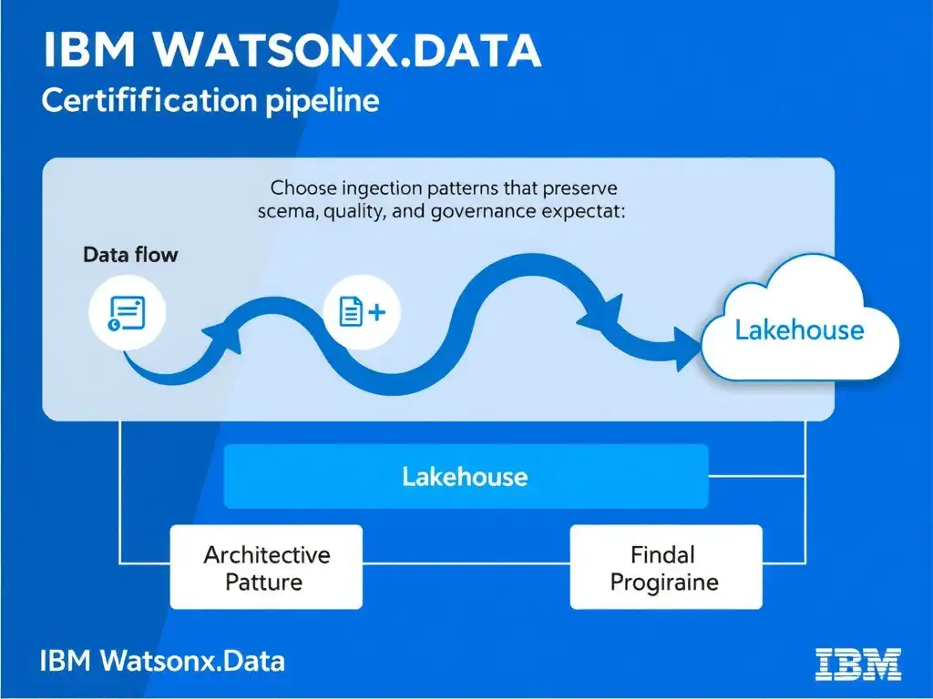 Clean technical infographic for IBM C9007300 certification illustrating: Choose ingestion patterns that preserve schema, quality, and governance expectat. Show a labeled diagram with IBM watsonx.data branding on a dark navy background, with clear component boxes, directional arrows showing data or control flow, and a color-coded legend distinguishing correct vs. incorrect architectural patterns. Style: professional, IBM design language, suitable for exam study material.