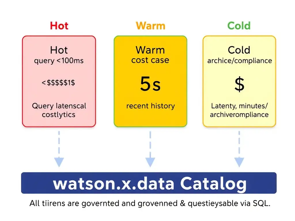 Clean technical infographic for IBM C9007300 certification illustrating: Place data on cost-appropriate storage tiers based on performance, retention, an. Show a labeled diagram with IBM watsonx.data branding on a dark navy background, with clear component boxes, directional arrows showing data or control flow, and a color-coded legend distinguishing correct vs. incorrect architectural patterns. Style: professional, IBM design language, suitable for exam study material.