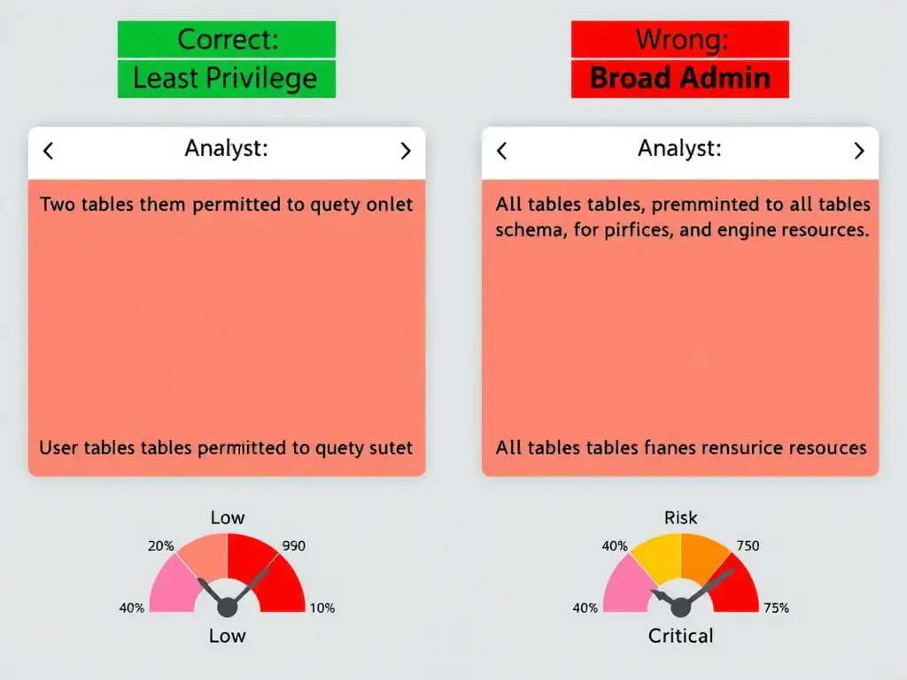 Clean technical infographic for IBM C9007300 certification illustrating: Set permissions so users and engines can access only the data and operations the. Show a labeled diagram with IBM watsonx.data branding on a dark navy background, with clear component boxes, directional arrows showing data or control flow, and a color-coded legend distinguishing correct vs. incorrect architectural patterns. Style: professional, IBM design language, suitable for exam study material.