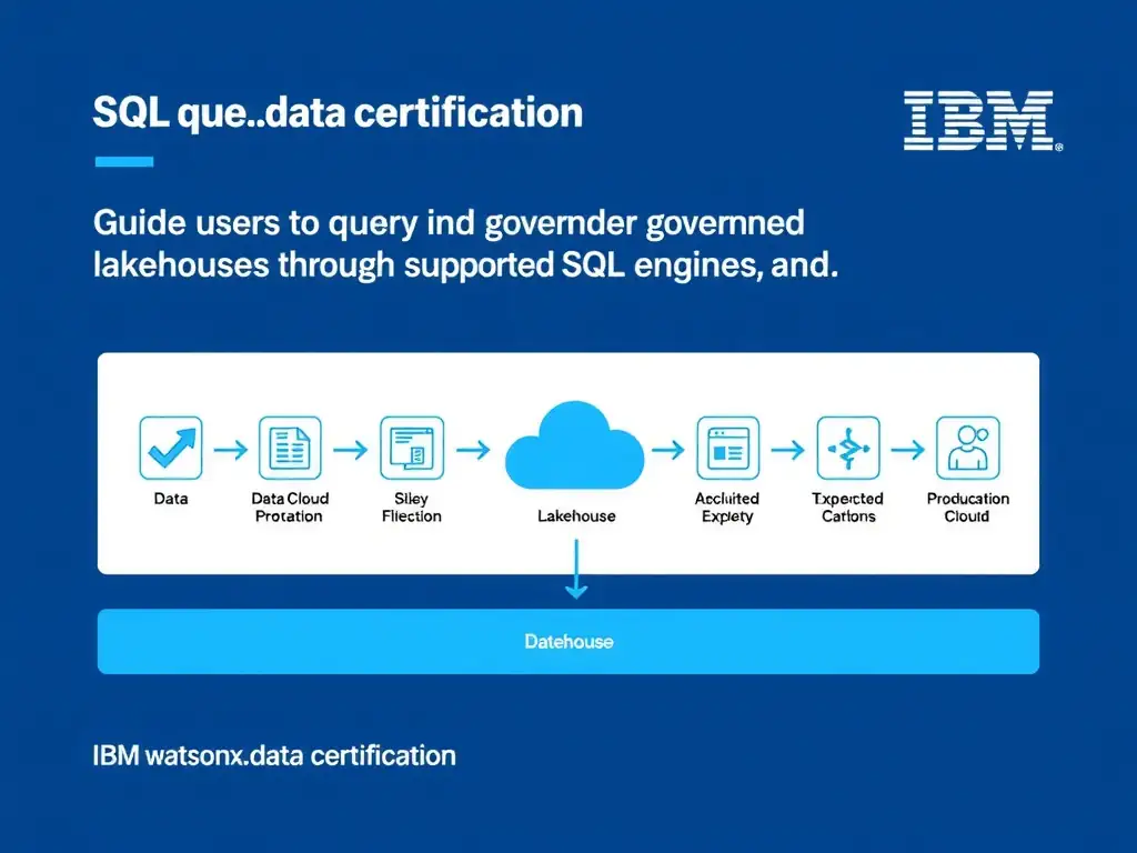 Clean technical infographic for IBM C9007300 certification illustrating: Guide users to query governed lakehouse tables through supported SQL engines and. Show a labeled diagram with IBM watsonx.data branding on a dark navy background, with clear component boxes, directional arrows showing data or control flow, and a color-coded legend distinguishing correct vs. incorrect architectural patterns. Style: professional, IBM design language, suitable for exam study material.
