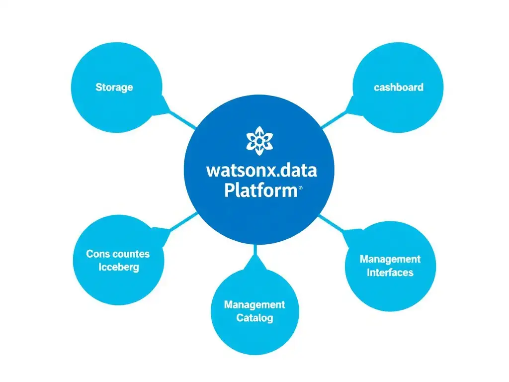 Clean technical infographic for IBM C9007300 certification illustrating: Coordinate storage, metadata, query engines, governance, and management interfac. Show a labeled diagram with IBM watsonx.data branding on a dark navy background, with clear component boxes, directional arrows showing data or control flow, and a color-coded legend distinguishing correct vs. incorrect architectural patterns. Style: professional, IBM design language, suitable for exam study material.