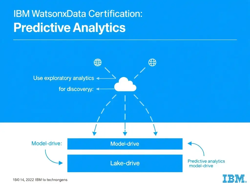 Clean technical infographic for IBM C9007300 certification illustrating: Use exploratory analytics for discovery and predictive analytics for model-drive. Show a labeled diagram with IBM watsonx.data branding on a dark navy background, with clear component boxes, directional arrows showing data or control flow, and a color-coded legend distinguishing correct vs. incorrect architectural patterns. Style: professional, IBM design language, suitable for exam study material.