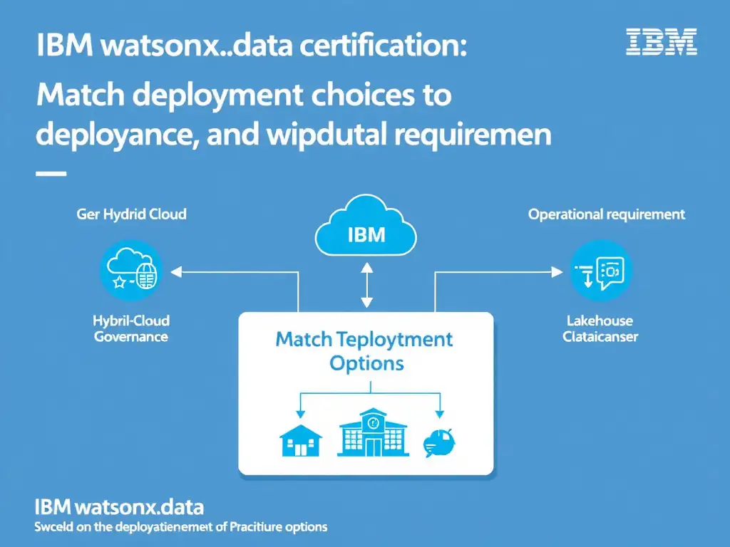 Clean technical infographic for IBM C9007300 certification illustrating: Match deployment choices to hybrid-cloud, governance, and operational requiremen. Show a labeled diagram with IBM watsonx.data branding on a dark navy background, with clear component boxes, directional arrows showing data or control flow, and a color-coded legend distinguishing correct vs. incorrect architectural patterns. Style: professional, IBM design language, suitable for exam study material.