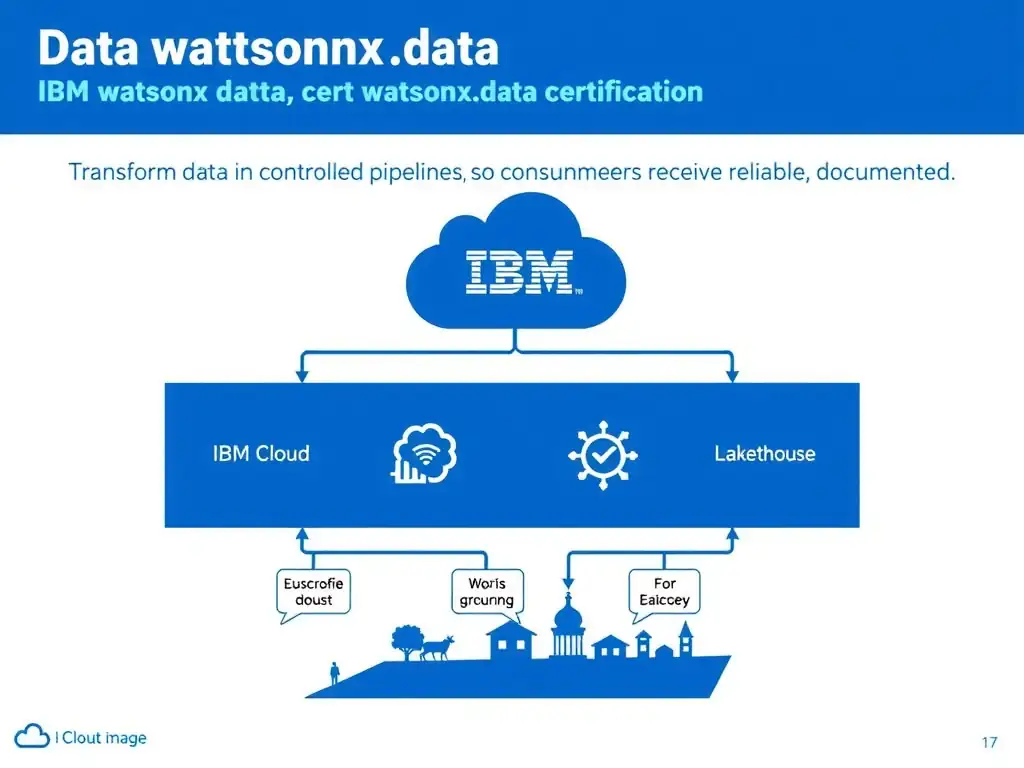 Clean technical infographic for IBM C9007300 certification illustrating: Transform data in controlled pipelines so consumers receive reliable, documented. Show a labeled diagram with IBM watsonx.data branding on a dark navy background, with clear component boxes, directional arrows showing data or control flow, and a color-coded legend distinguishing correct vs. incorrect architectural patterns. Style: professional, IBM design language, suitable for exam study material.