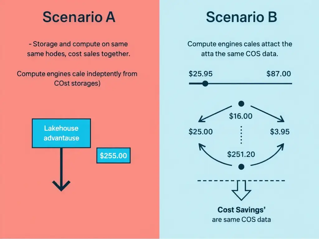 Clean technical infographic for IBM C9007300 certification illustrating: Use open table formats on object storage with governance and query engines layer. Show a labeled diagram with IBM watsonx.data branding on a dark navy background, with clear component boxes, directional arrows showing data or control flow, and a color-coded legend distinguishing correct vs. incorrect architectural patterns. Style: professional, IBM design language, suitable for exam study material.