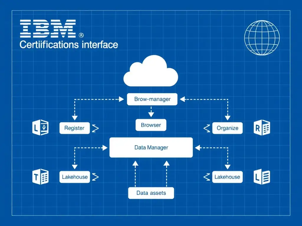 Clean technical infographic for IBM C9007300 certification illustrating: Use Data manager to browse, register, organize, and manage lakehouse data assets. Show a labeled diagram with IBM watsonx.data branding on a dark navy background, with clear component boxes, directional arrows showing data or control flow, and a color-coded legend distinguishing correct vs. incorrect architectural patterns. Style: professional, IBM design language, suitable for exam study material.