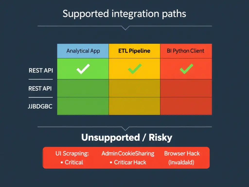 Clean technical infographic for IBM C9007300 certification illustrating: Use supported APIs and clients when applications need programmatic access to wat. Show a labeled diagram with IBM watsonx.data branding on a dark navy background, with clear component boxes, directional arrows showing data or control flow, and a color-coded legend distinguishing correct vs. incorrect architectural patterns. Style: professional, IBM design language, suitable for exam study material.