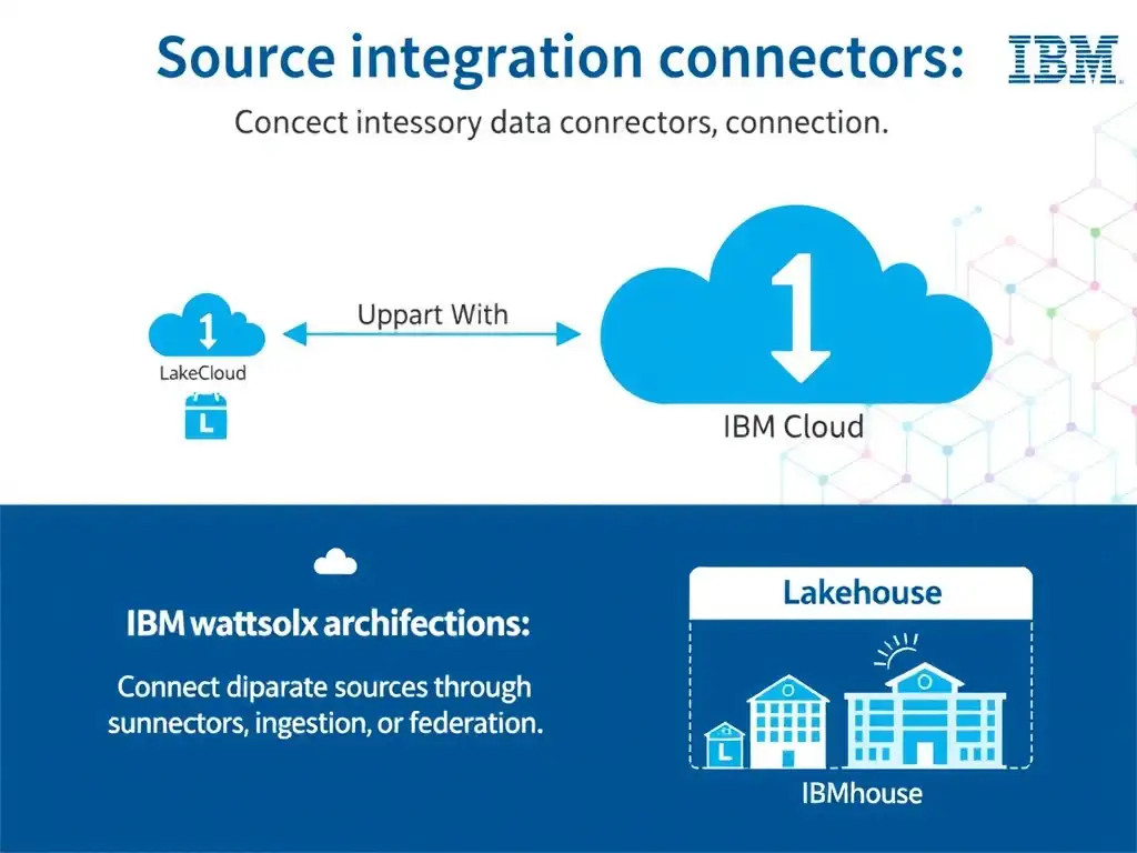 Clean technical infographic for IBM C9007300 certification illustrating: Connect disparate sources through supported connectors, ingestion, or federation. Show a labeled diagram with IBM watsonx.data branding on a dark navy background, with clear component boxes, directional arrows showing data or control flow, and a color-coded legend distinguishing correct vs. incorrect architectural patterns. Style: professional, IBM design language, suitable for exam study material.