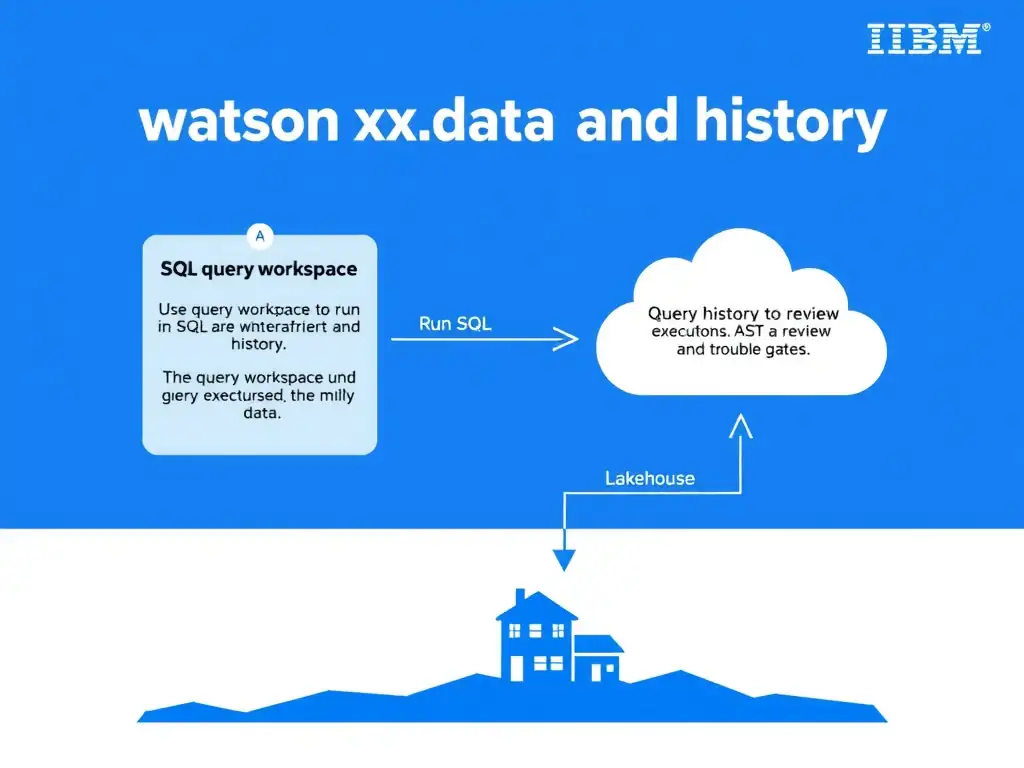 Clean technical infographic for IBM C9007300 certification illustrating: Use query workspace to run SQL and query history to review execution and trouble. Show a labeled diagram with IBM watsonx.data branding on a dark navy background, with clear component boxes, directional arrows showing data or control flow, and a color-coded legend distinguishing correct vs. incorrect architectural patterns. Style: professional, IBM design language, suitable for exam study material.