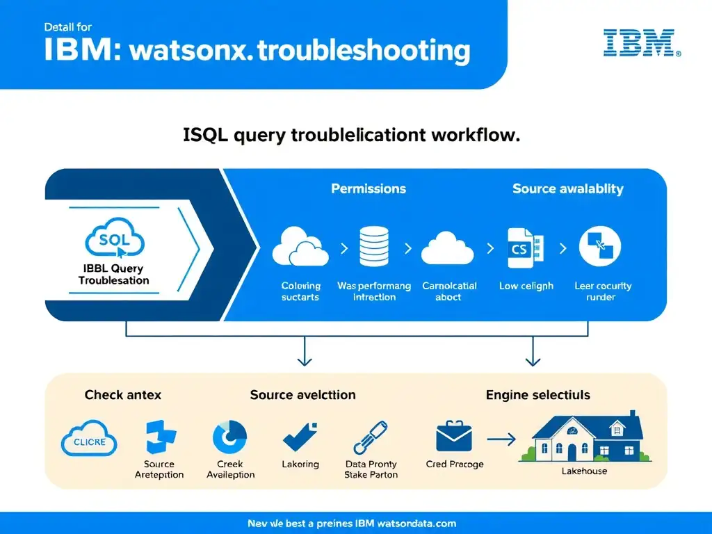 Clean technical infographic for IBM C9007300 certification illustrating: Check syntax, permissions, source availability, and engine selection when querie. Show a labeled diagram with IBM watsonx.data branding on a dark navy background, with clear component boxes, directional arrows showing data or control flow, and a color-coded legend distinguishing correct vs. incorrect architectural patterns. Style: professional, IBM design language, suitable for exam study material.