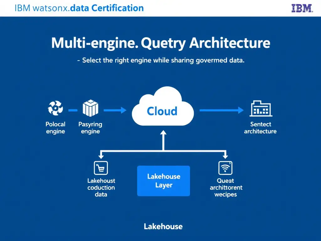 Clean technical infographic for IBM C9007300 certification illustrating: Select the right engine for the workload while sharing governed data through the. Show a labeled diagram with IBM watsonx.data branding on a dark navy background, with clear component boxes, directional arrows showing data or control flow, and a color-coded legend distinguishing correct vs. incorrect architectural patterns. Style: professional, IBM design language, suitable for exam study material.