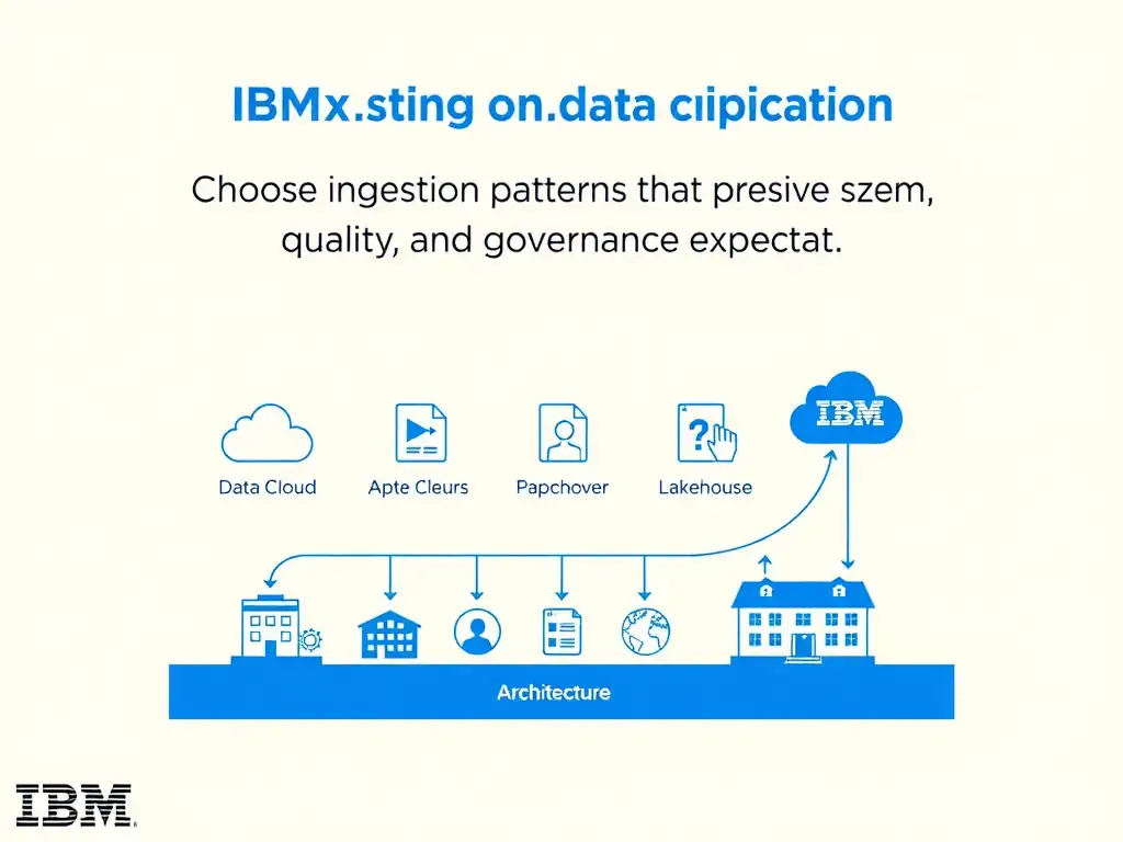Clean technical infographic for IBM C9007300 certification illustrating: Choose ingestion patterns that preserve schema, quality, and governance expectat. Show a labeled diagram with IBM watsonx.data branding on a dark navy background, with clear component boxes, directional arrows showing data or control flow, and a color-coded legend distinguishing correct vs. incorrect architectural patterns. Style: professional, IBM design language, suitable for exam study material.