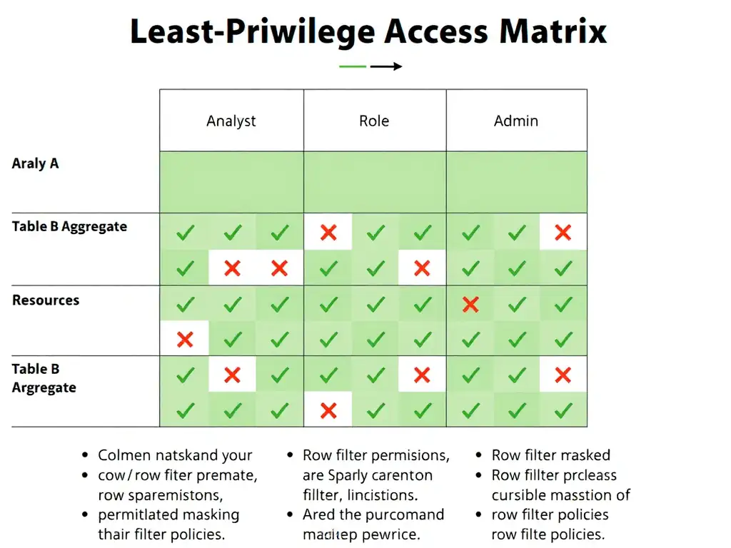 Clean technical infographic for IBM C9007300 certification illustrating: Set permissions so users and engines can access only the data and operations the. Show a labeled diagram with IBM watsonx.data branding on a dark navy background, with clear component boxes, directional arrows showing data or control flow, and a color-coded legend distinguishing correct vs. incorrect architectural patterns. Style: professional, IBM design language, suitable for exam study material.