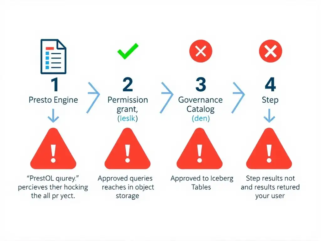 Clean technical infographic for IBM C9007300 certification illustrating: Guide users to query governed lakehouse tables through supported SQL engines and. Show a labeled diagram with IBM watsonx.data branding on a dark navy background, with clear component boxes, directional arrows showing data or control flow, and a color-coded legend distinguishing correct vs. incorrect architectural patterns. Style: professional, IBM design language, suitable for exam study material.