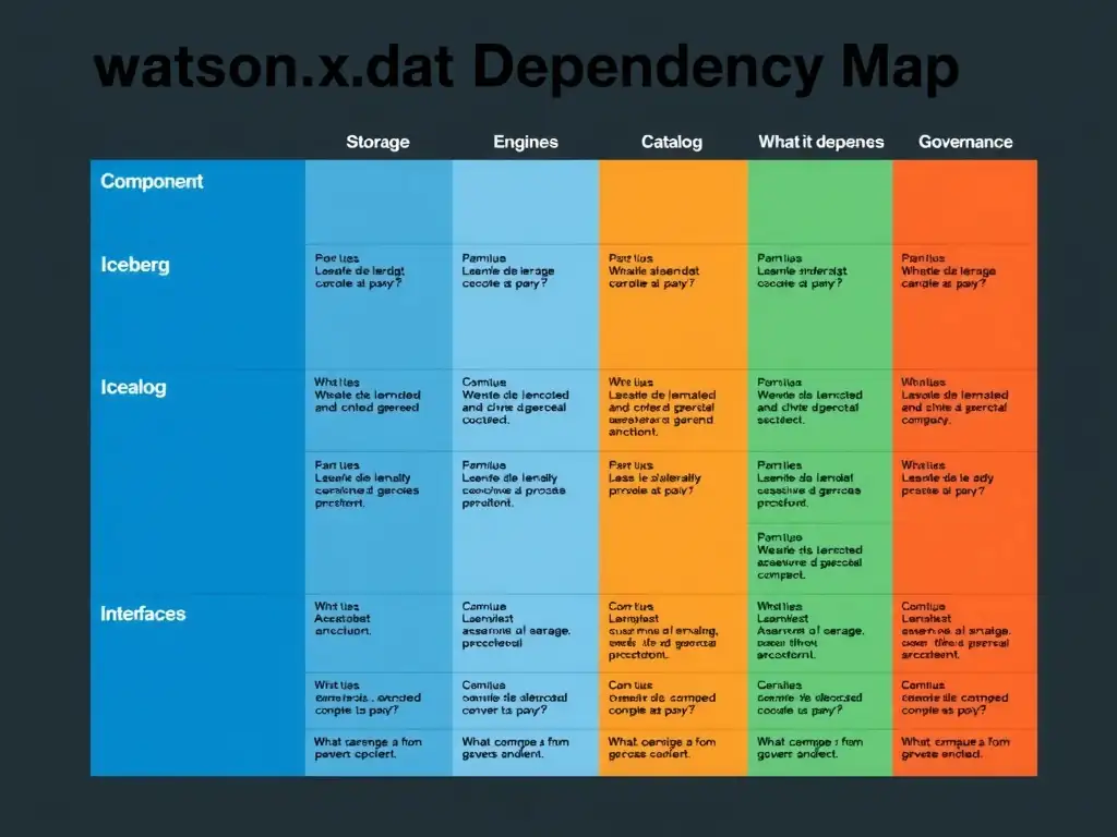 Clean technical infographic for IBM C9007300 certification illustrating: Coordinate storage, metadata, query engines, governance, and management interfac. Show a labeled diagram with IBM watsonx.data branding on a dark navy background, with clear component boxes, directional arrows showing data or control flow, and a color-coded legend distinguishing correct vs. incorrect architectural patterns. Style: professional, IBM design language, suitable for exam study material.