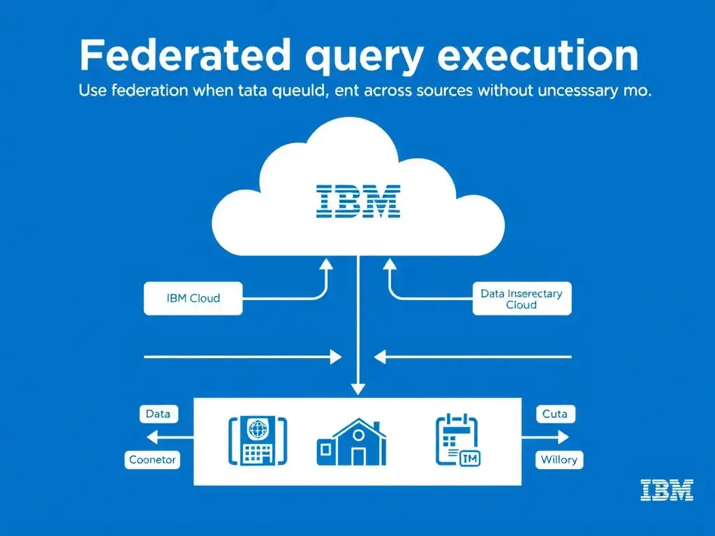 Clean technical infographic for IBM C9007300 certification illustrating: Use federation when data should be queried across sources without unnecessary mo. Show a labeled diagram with IBM watsonx.data branding on a dark navy background, with clear component boxes, directional arrows showing data or control flow, and a color-coded legend distinguishing correct vs. incorrect architectural patterns. Style: professional, IBM design language, suitable for exam study material.