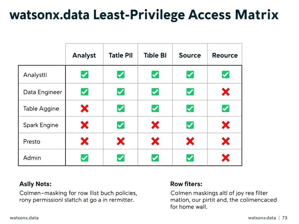 Clean technical infographic for IBM C9007300 certification illustrating: Use object storage as scalable, durable lakehouse storage while managing metadat. Show a labeled diagram with IBM watsonx.data branding on a dark navy background, with clear component boxes, directional arrows showing data or control flow, and a color-coded legend distinguishing correct vs. incorrect architectural patterns. Style: professional, IBM design language, suitable for exam study material.