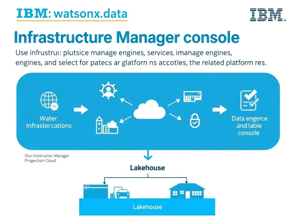 Clean technical infographic for IBM C9007300 certification illustrating: Use Infrastructure Manager to manage engines, services, and related platform res. Show a labeled diagram with IBM watsonx.data branding on a dark navy background, with clear component boxes, directional arrows showing data or control flow, and a color-coded legend distinguishing correct vs. incorrect architectural patterns. Style: professional, IBM design language, suitable for exam study material.