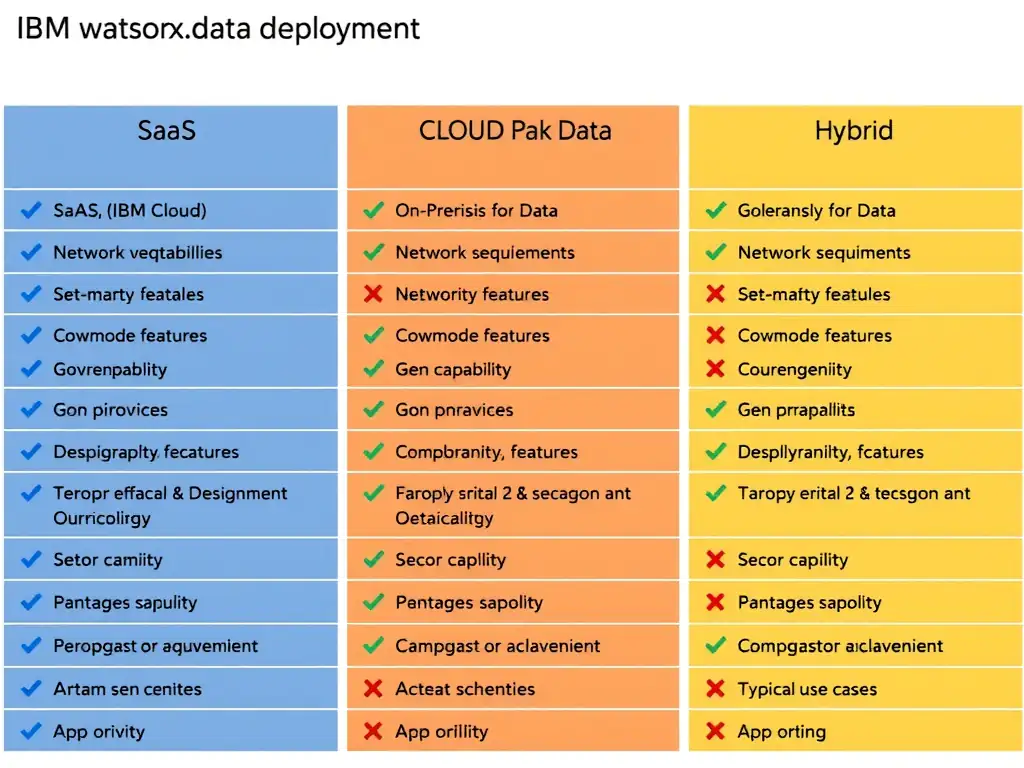 A clean three-column comparison table showing IBM watsonx.data deployment options: SaaS (IBM Cloud), On-Premises (Cloud Pak for Data), and Hybrid. Each column lists key attributes: setup complexity, governance features, network requirements, and typical use cases. The layout uses color-coded rows with checkmarks and X marks to indicate capability availability per deployment type.