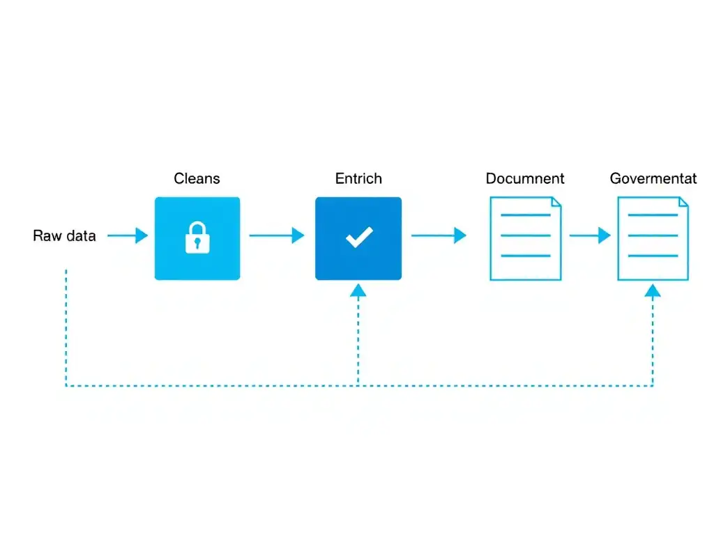 A data flow diagram showing raw source data entering an IBM watsonx.data pipeline on the left, passing through transformation stages (cleanse, enrich, validate) in the middle, and emerging as governed, documented tables on the right. Each stage has a lock or checkmark icon indicating governance controls. Arrows connect the stages, with lineage tracking shown as a dotted line running across the bottom.