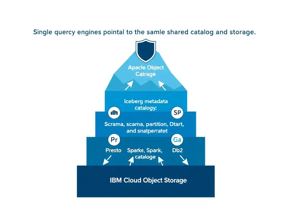 An architecture diagram with three layers stacked vertically. Bottom layer: IBM Cloud Object Storage holding Iceberg-formatted data files. Middle layer: Apache Iceberg metadata catalog with schema, partition, and snapshot information. Top layer: multiple query engines (Presto, Spark, Db2) all pointing down to the same catalog and storage. Arrows from each engine connect to the single shared data layer, with a governance shield icon overlaid on the catalog.