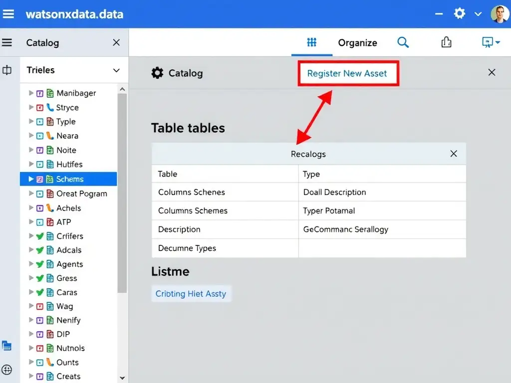 A screenshot-style mockup of the IBM watsonx.data Data Manager UI showing a left-panel catalog tree with schemas and tables listed, a center panel with table metadata (columns, types, descriptions), and a top toolbar with Register, Browse, and Organize buttons. Callout boxes highlight the Register New Asset button and the catalog hierarchy view.
