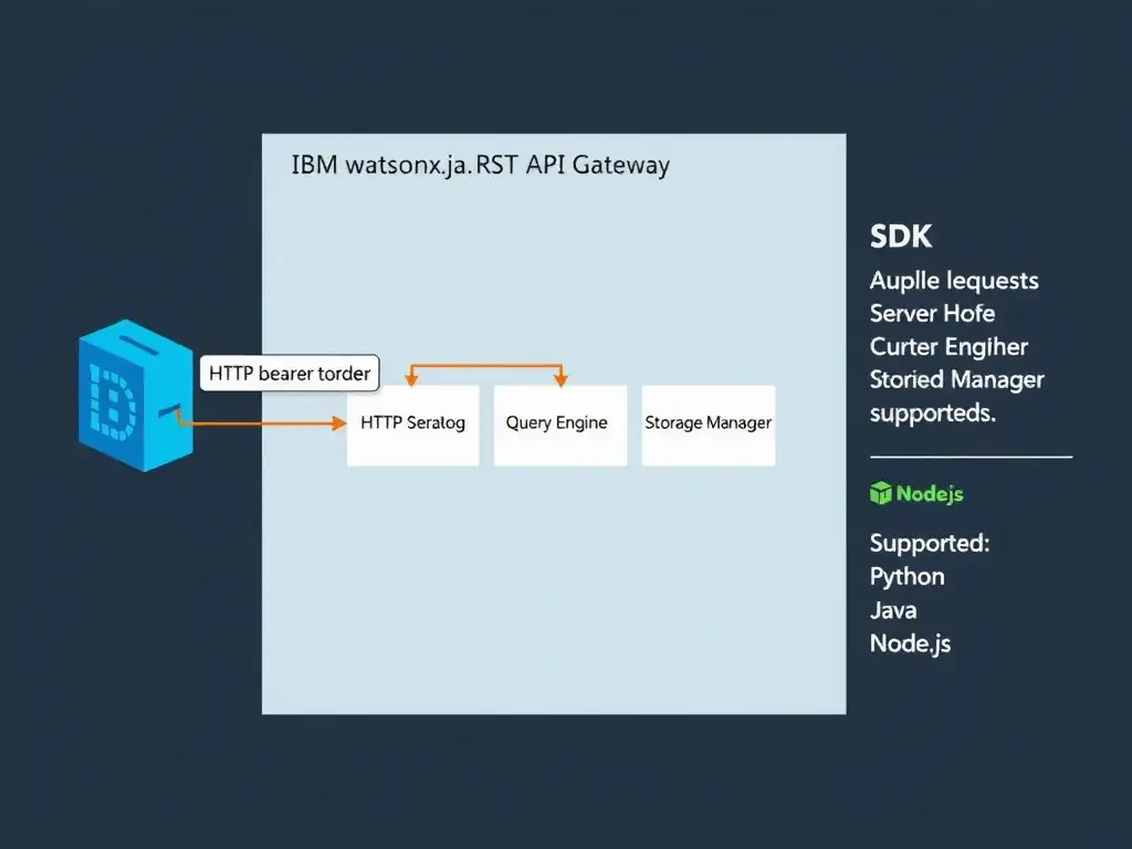 A technical integration diagram showing an application server on the left sending HTTP requests (with a Bearer token header) to the IBM watsonx.data REST API gateway in the center. From the API gateway, arrows fan out to three service boxes: Catalog Service, Query Engine, and Storage Manager. A legend in the corner shows the supported SDK languages: Python, Java, Node.js.