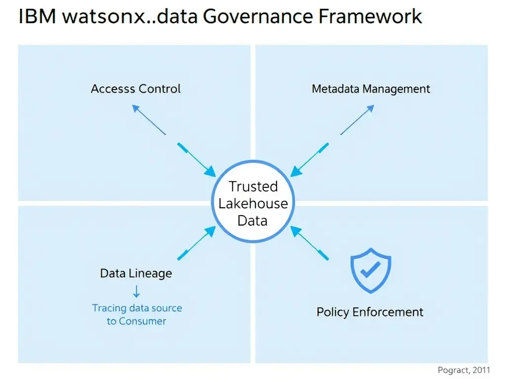 A four-quadrant diagram labeled 'IBM watsonx.data Governance Framework.' Top-left: Access Control (lock icon, RBAC rules). Top-right: Metadata Management (tag icon, catalog entries). Bottom-left: Data Lineage (arrows tracing data from source to consumer). Bottom-right: Policy Enforcement (shield icon, automatic rule application). A central hub labeled 'Trusted Lakehouse Data' connects all four quadrants with bidirectional arrows.
