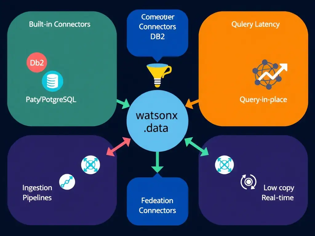 A hub-and-spoke diagram with IBM watsonx.data in the center. Three connector categories radiate outward: Built-in Connectors (database icons for Db2, PostgreSQL, MySQL), Ingestion Pipelines (a funnel icon labeled batch/streaming), and Federation (a network icon labeled query-in-place). Each spoke is color-coded and labeled with typical latency: connectors for medium latency, ingestion for high throughput, federation for low-copy real-time access.