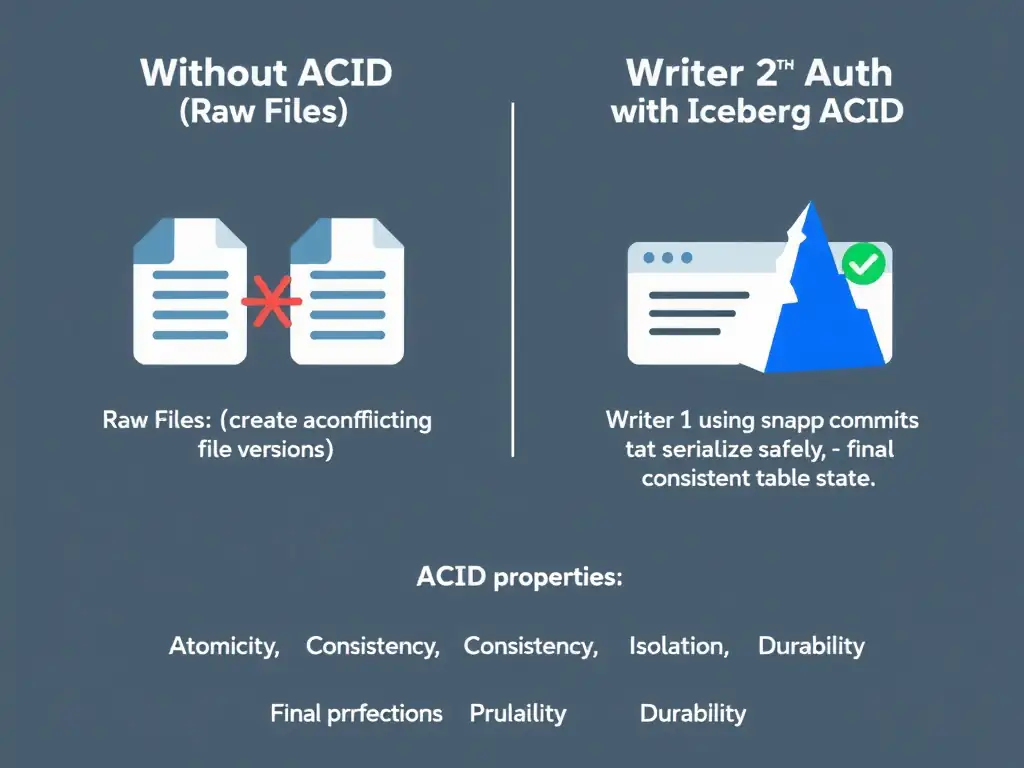 A side-by-side comparison diagram. Left side labeled 'Without ACID (Raw Files)' shows two writers creating conflicting file versions with a red collision icon. Right side labeled 'With Iceberg ACID' shows Writer 1 and Writer 2 using snapshot commits that serialize safely, with a green checkmark showing the final consistent table state. A bottom row lists the four ACID properties: Atomicity, Consistency, Isolation, Durability with brief definitions.