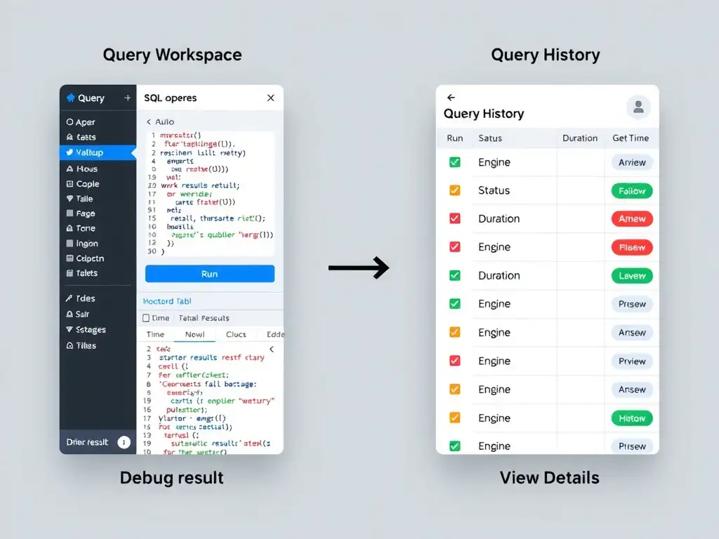 A two-panel UI mockup. Left panel shows the Query Workspace: a SQL editor with syntax highlighting, a Run button, and a results table below. Right panel shows Query History: a time-sorted list of past queries with columns for Status (green/red icons), Duration, Engine, and a View Details link. An arrow between panels labeled 'Debug Flow' shows the workflow from failed result to history review.