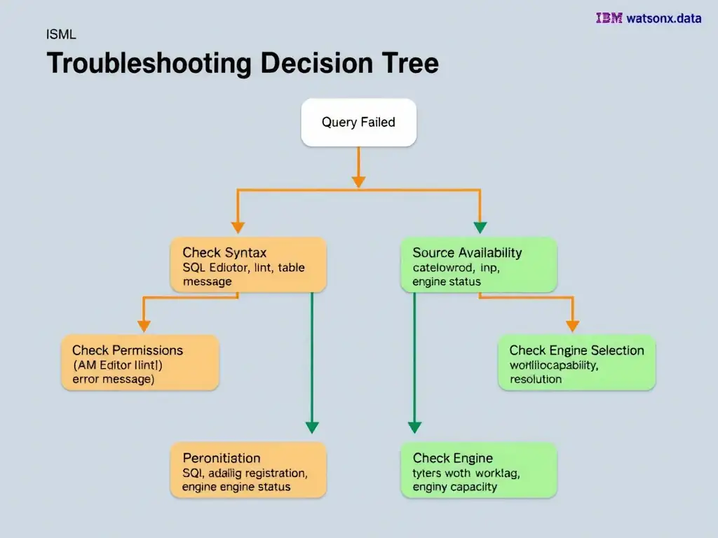 A flowchart titled 'IBM watsonx.data SQL Troubleshooting Decision Tree.' Starting node: 'Query Failed.' Four branches: Check Syntax (SQL Editor lint, error message), Check Permissions (IAM role, table grant), Check Source Availability (catalog registration, engine status), Check Engine Selection (workload type, engine capability). Each branch ends with a resolution action box. Color-coded: orange for checks, green for resolutions.