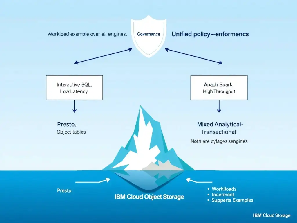 A central shared storage layer at the bottom (IBM Cloud Object Storage with Iceberg tables). Above it, three engine boxes connected by upward arrows: Presto (labeled 'Interactive SQL, Low Latency'), Apache Spark (labeled 'Batch/ML, High Throughput'), Db2 Warehouse (labeled 'Mixed Analytical-Transactional'). A governance shield spans across the top, indicating unified policy enforcement over all engines. Workload examples shown next to each engine.