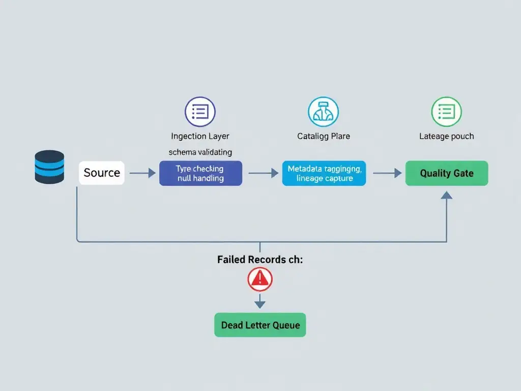 A pipeline diagram showing data flowing left to right through four stages: Source (database icon), Ingestion Layer (with sub-steps: schema validation, type checking, null handling), Catalog Registration (metadata tagging, lineage capture), and Lakehouse Storage (Iceberg table on object storage). Each stage has a quality gate icon. Failed records branch downward to a Dead Letter Queue with an alert icon.