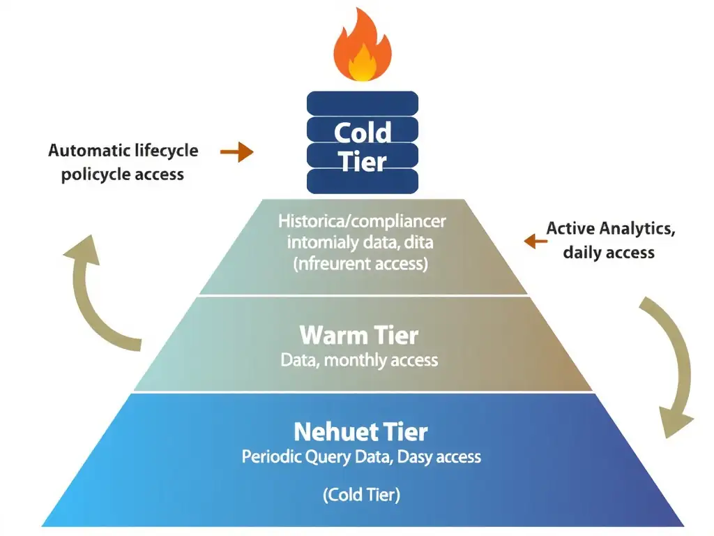 A storage tier pyramid with three levels. Bottom level (widest): Cold Tier (archive icon, lowest cost, labeled 'Historical/Compliance Data, infrequent access'). Middle level: Warm Tier (medium cost, labeled 'Periodic Query Data, monthly access'). Top level (narrowest): Hot Tier (flame icon, highest cost, labeled 'Active Analytics, daily access'). Arrows on the left side show automatic lifecycle policies moving data down the pyramid over time.