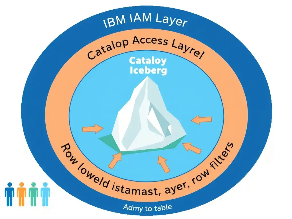 A layered access control diagram for IBM watsonx.data. Three concentric rings labeled from outside to inside: IBM IAM Layer (authentication, user identity), Catalog Policy Layer (table-level and column-level grants), and Row-Level Security Layer (dynamic data masking, row filters). At the center: a protected Iceberg table. Small user icons at the outer ring show different roles (Admin, Analyst, Data Engineer) with arrows pointing only to the layers they are permitted to access.
