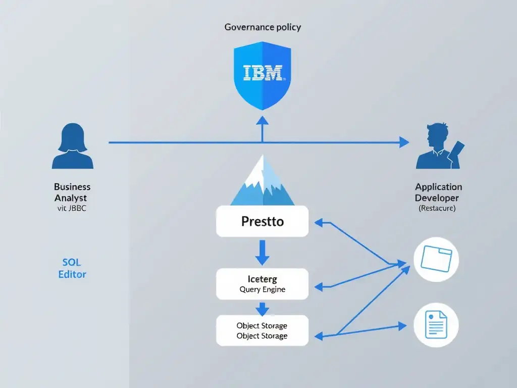 A diagram showing the IBM watsonx.data SQL access architecture. Left side: user personas (Business Analyst, Data Engineer, Application Developer) with arrows pointing to their respective access interfaces (BI Tool via JDBC, SQL Editor via browser, REST API via application). All three interface arrows converge on the Presto Query Engine in the center, which connects to the Iceberg Catalog (metadata) and Object Storage (data files) below. A governance policy shield sits above the query engine.