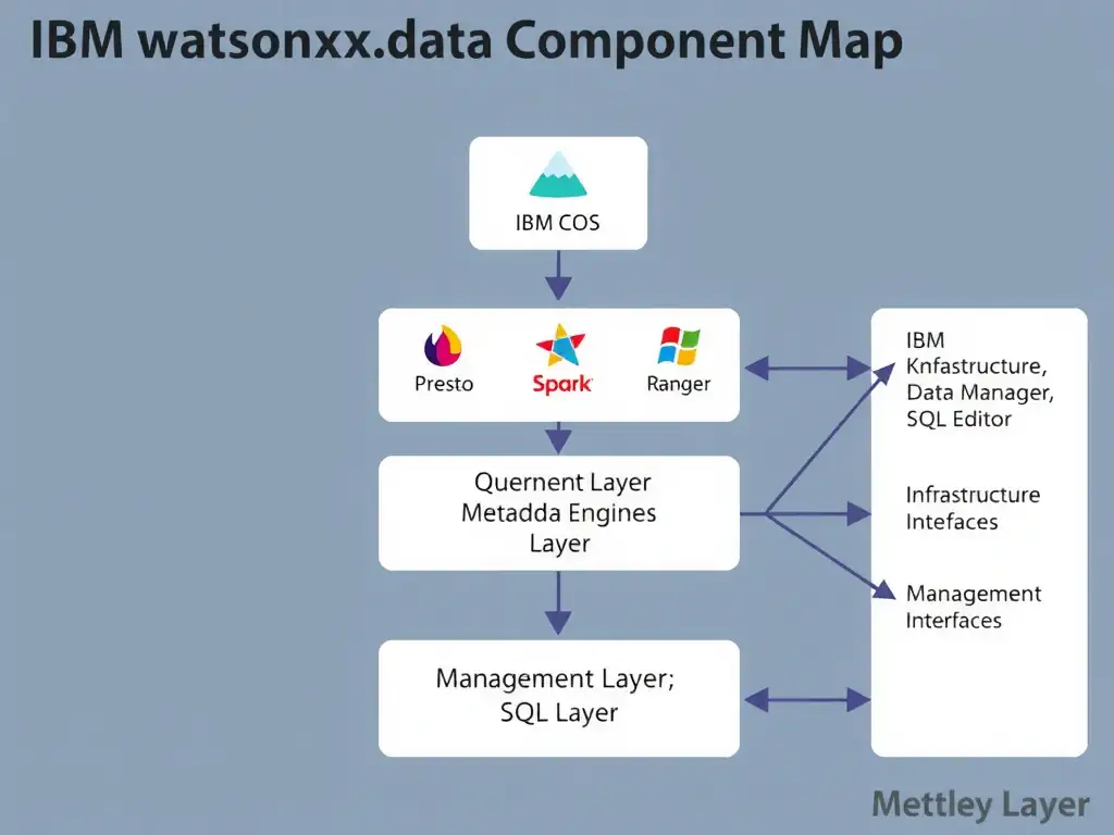 An architecture block diagram titled 'IBM watsonx.data Component Map.' Five labeled blocks arranged in a layered structure: Storage Layer at the bottom (IBM COS icon), Metadata Catalog above it (Apache Iceberg icon), Query Engines layer (Presto, Spark, Db2 icons side by side), Governance Layer across the top (IBM Knowledge Catalog, Ranger), and Management Interfaces as a vertical panel on the right (Infrastructure Manager, Data Manager, SQL Editor). Bidirectional arrows show interactions between all layers.