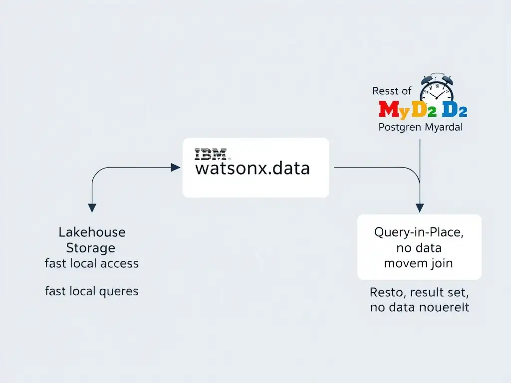 A federation query flow diagram. Center: IBM watsonx.data Presto Engine receiving a federated SQL query. Left branch: arrow to Lakehouse Storage (Iceberg tables, fast local access). Right branch: arrow to Remote Sources (PostgreSQL, Db2, MySQL icons) labeled 'Query-in-Place, no data movement.' Both branches return result sets to Presto which performs the final join. A clock icon on the remote branch indicates network latency awareness.