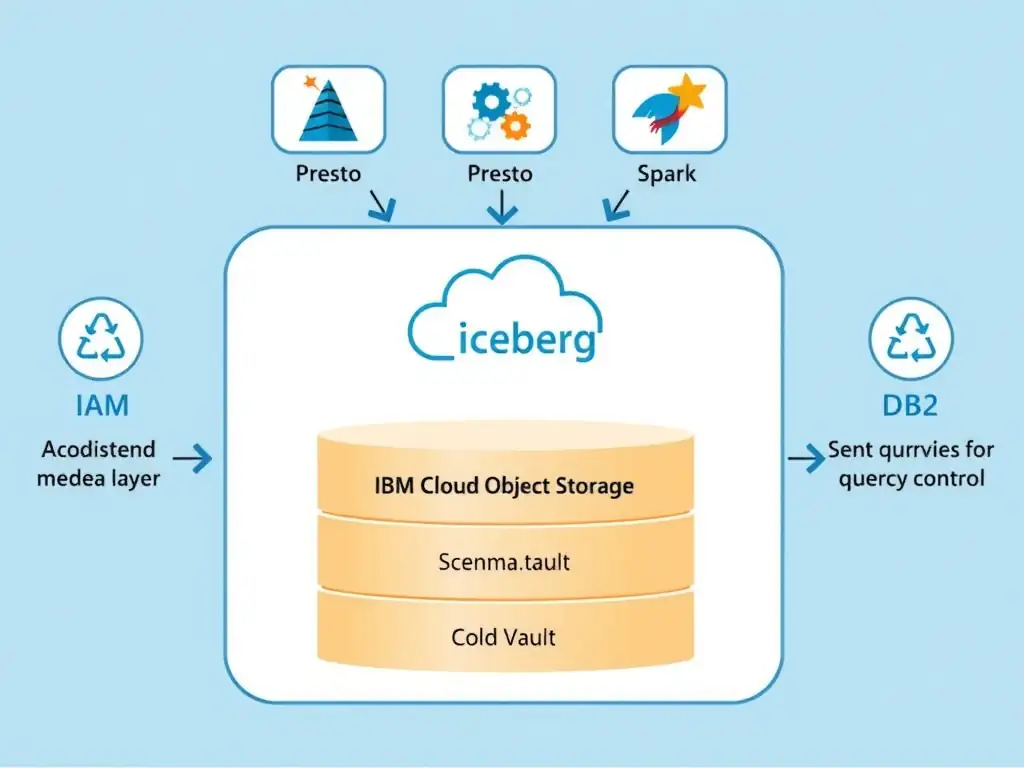 A diagram showing IBM Cloud Object Storage as a large cylinder at the bottom with three labeled sections representing storage tiers (Standard, Vault, Cold Vault). Above it, the Apache Iceberg metadata layer sits as a bridge, translating table references (schema.table) to object paths (bucket/prefix/data.parquet). Above that, three query engines (Presto, Spark, Db2) each send queries through the catalog bridge to the storage layer. IAM and access control icons frame the diagram on both sides.