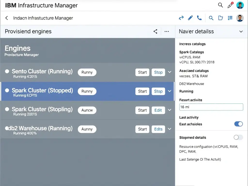 A UI mockup of the IBM watsonx.data Infrastructure Manager showing a main panel with a list of provisioned engines: Presto Cluster (Running, 4 nodes), Spark Cluster (Stopped), Db2 Warehouse (Running). Each row has Start/Stop/Edit buttons and status indicators. A side panel shows engine details: associated catalogs, resource configuration (vCPUs, RAM), and last activity timestamp. A header toolbar shows the Infrastructure Manager navigation label.
