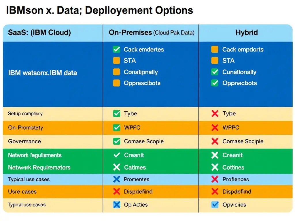 A clean three-column comparison table showing IBM watsonx.data deployment options: SaaS (IBM Cloud), On-Premises (Cloud Pak for Data), and Hybrid. Each column lists key attributes: setup complexity, governance features, network requirements, and typical use cases. The layout uses color-coded rows with checkmarks and X marks to indicate capability availability per deployment type.