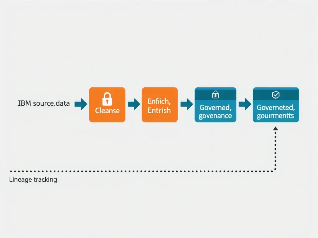 A data flow diagram showing raw source data entering an IBM watsonx.data pipeline on the left, passing through transformation stages (cleanse, enrich, validate) in the middle, and emerging as governed, documented tables on the right. Each stage has a lock or checkmark icon indicating governance controls. Arrows connect the stages, with lineage tracking shown as a dotted line running across the bottom.