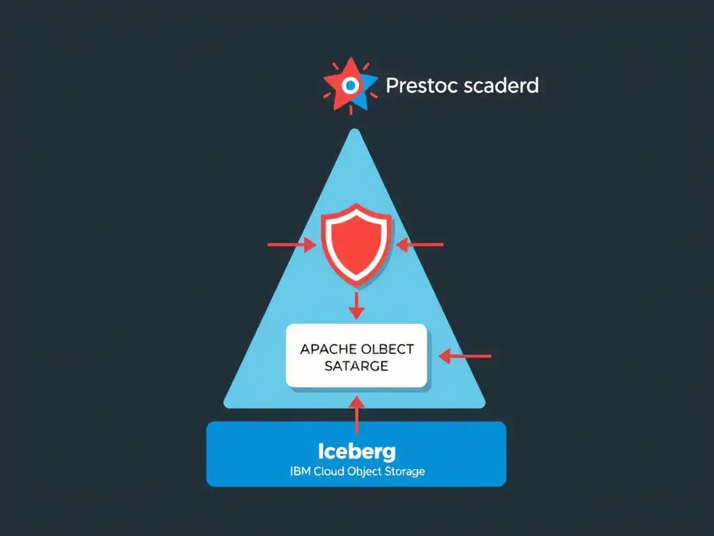 An architecture diagram with three layers stacked vertically. Bottom layer: IBM Cloud Object Storage holding Iceberg-formatted data files. Middle layer: Apache Iceberg metadata catalog with schema, partition, and snapshot information. Top layer: multiple query engines (Presto, Spark, Db2) all pointing down to the same catalog and storage. Arrows from each engine connect to the single shared data layer, with a governance shield icon overlaid on the catalog.