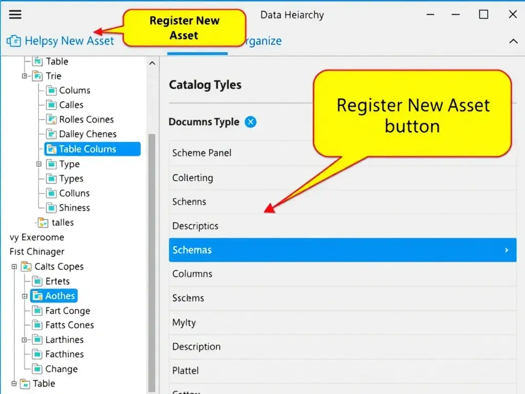A screenshot-style mockup of the IBM watsonx.data Data Manager UI showing a left-panel catalog tree with schemas and tables listed, a center panel with table metadata (columns, types, descriptions), and a top toolbar with Register, Browse, and Organize buttons. Callout boxes highlight the Register New Asset button and the catalog hierarchy view.