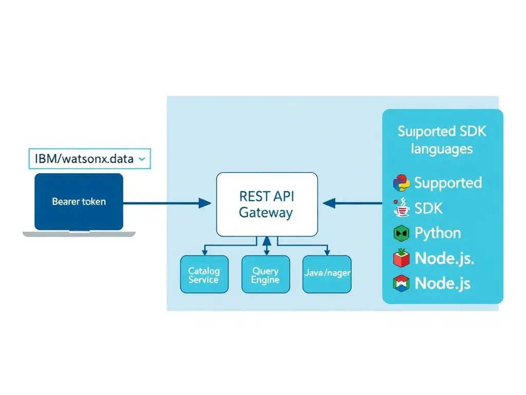 A technical integration diagram showing an application server on the left sending HTTP requests (with a Bearer token header) to the IBM watsonx.data REST API gateway in the center. From the API gateway, arrows fan out to three service boxes: Catalog Service, Query Engine, and Storage Manager. A legend in the corner shows the supported SDK languages: Python, Java, Node.js.